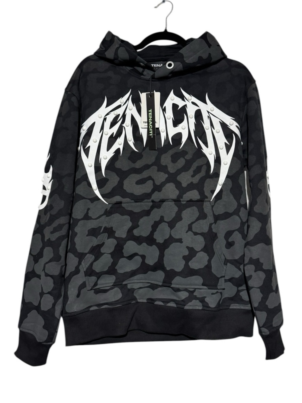Tenaciti Black Leopard Studded Hoodie Men Sz S Streetwear Edgy Flames Sweatshirt